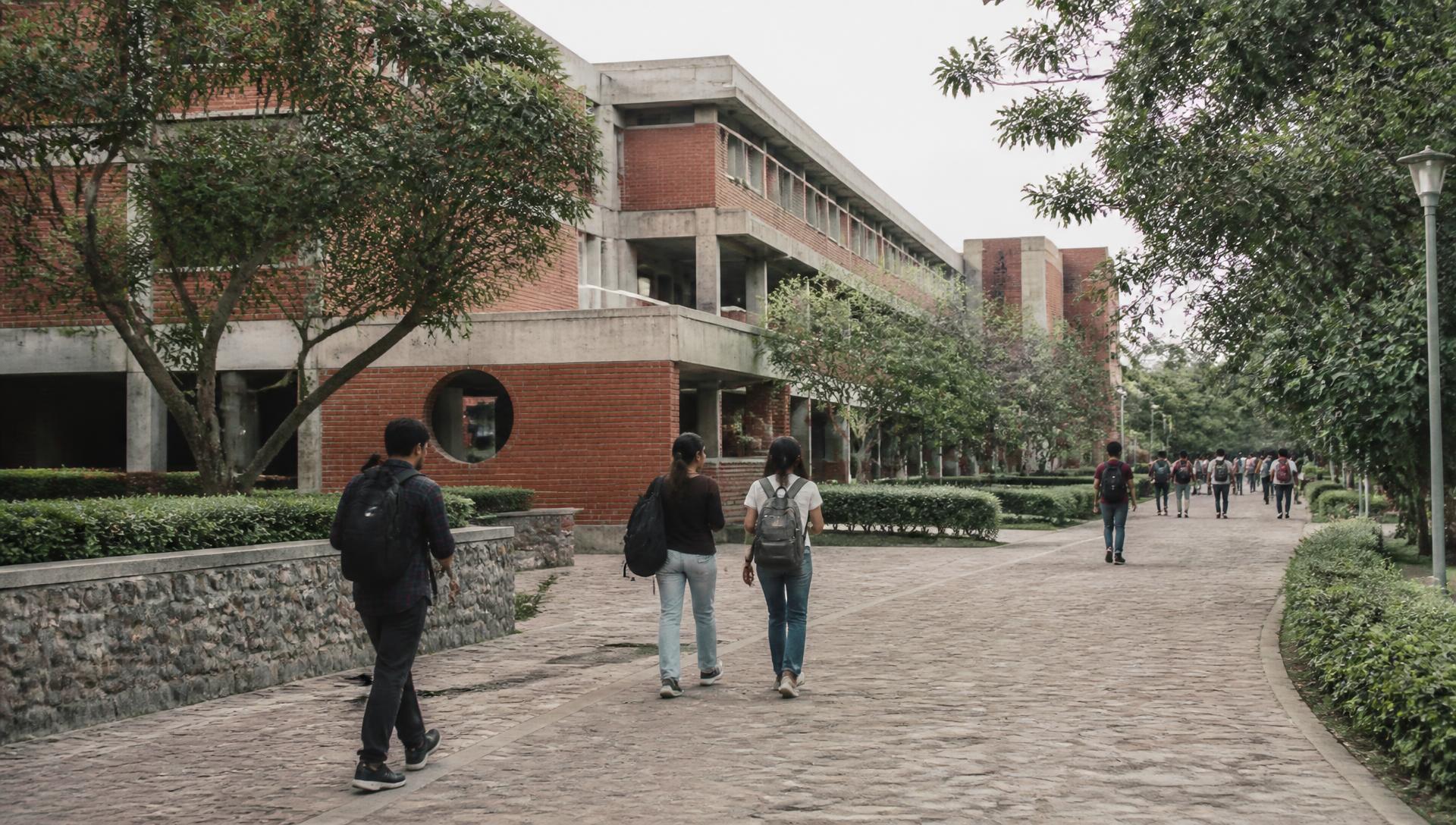 Students walking through a modern Indian university campus