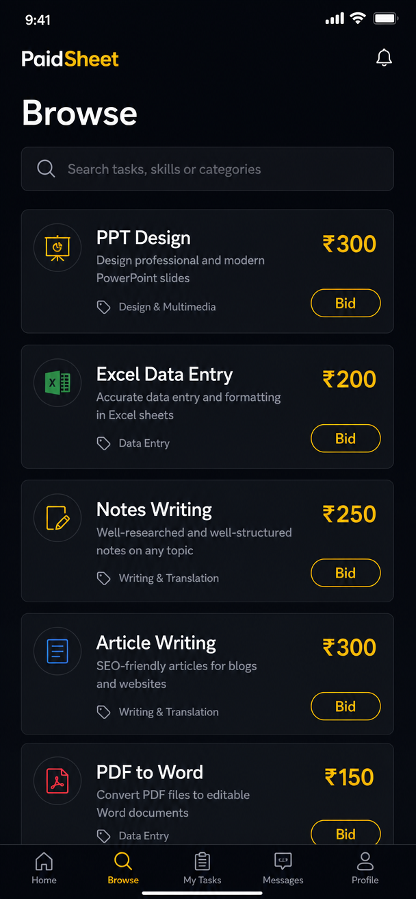 PaidSheet app browse screen showing campus tasks with bids