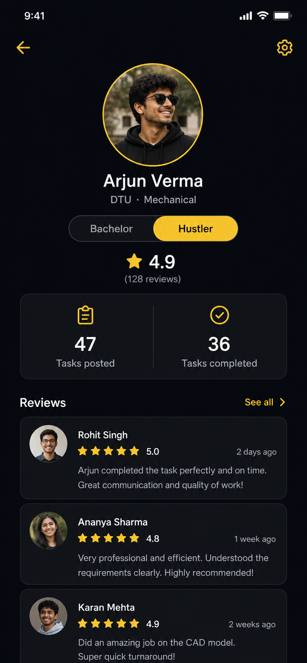 PaidSheet profile screen with the Bachelor and Hustler role switch