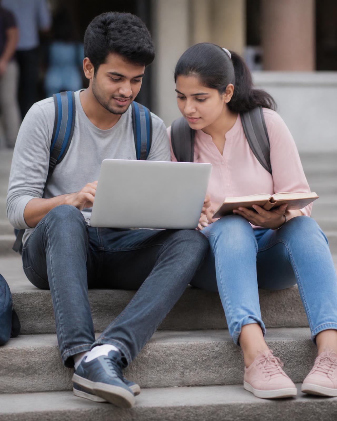 Two students working together on a laptop on campus steps